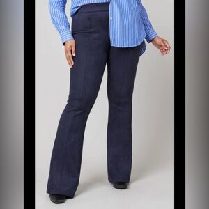 Spanx Faux Navy blue Suede Flare Pants L large tall long work office slimming